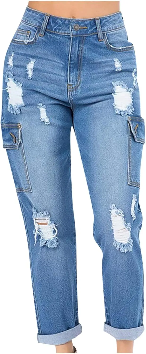 SMIDOW Womens Dressy Casual Bootcut Jeans Folded Hem Ripped Jeans with Multiple Pockets Distressed Jeans Y2K Denim Pants