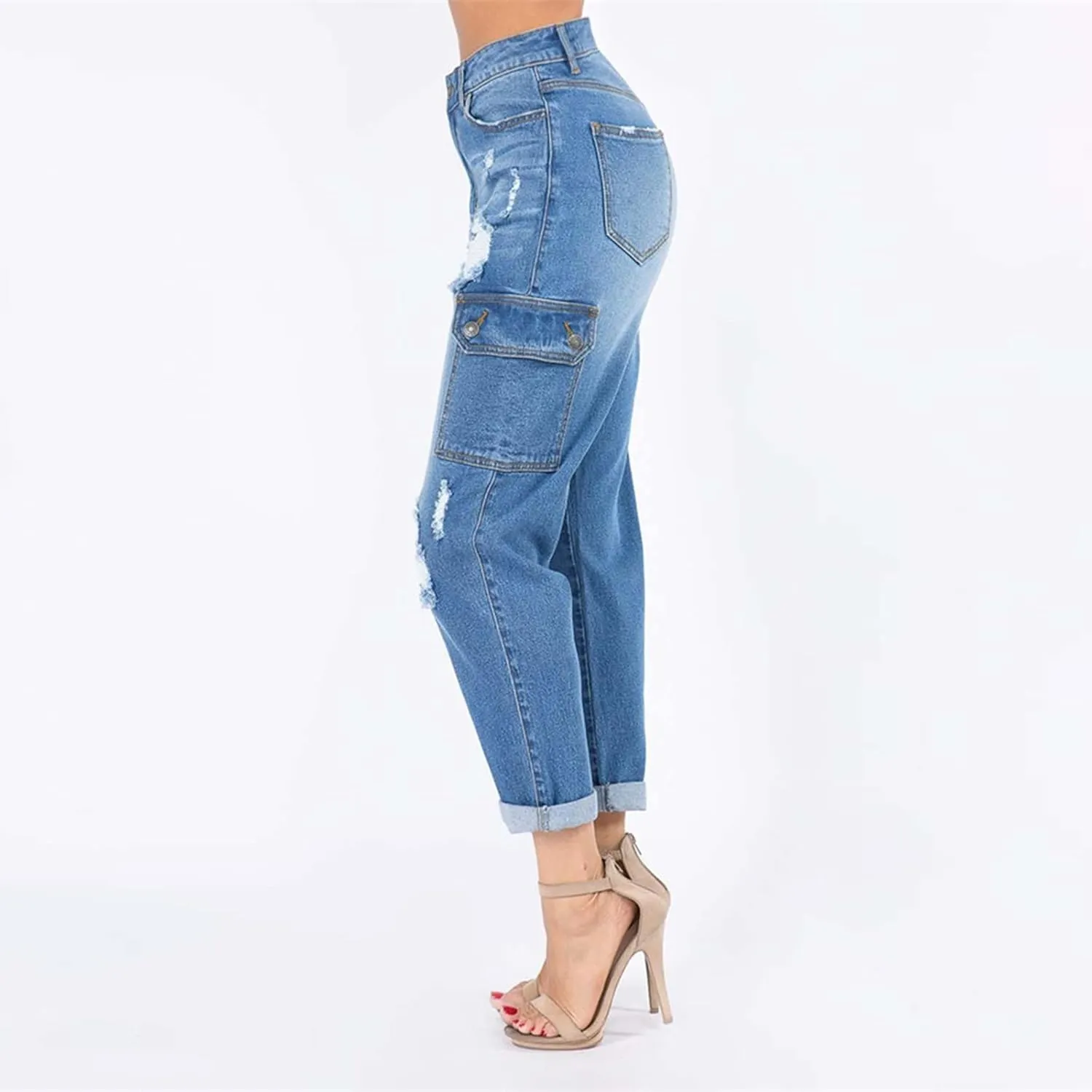 SMIDOW Womens Dressy Casual Bootcut Jeans Folded Hem Ripped Jeans with Multiple Pockets Distressed Jeans Y2K Denim Pants