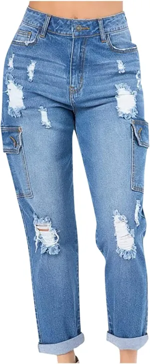SMIDOW Womens Dressy Casual Bootcut Jeans Folded Hem Ripped Jeans with Multiple Pockets Distressed Jeans Y2K Denim Pants