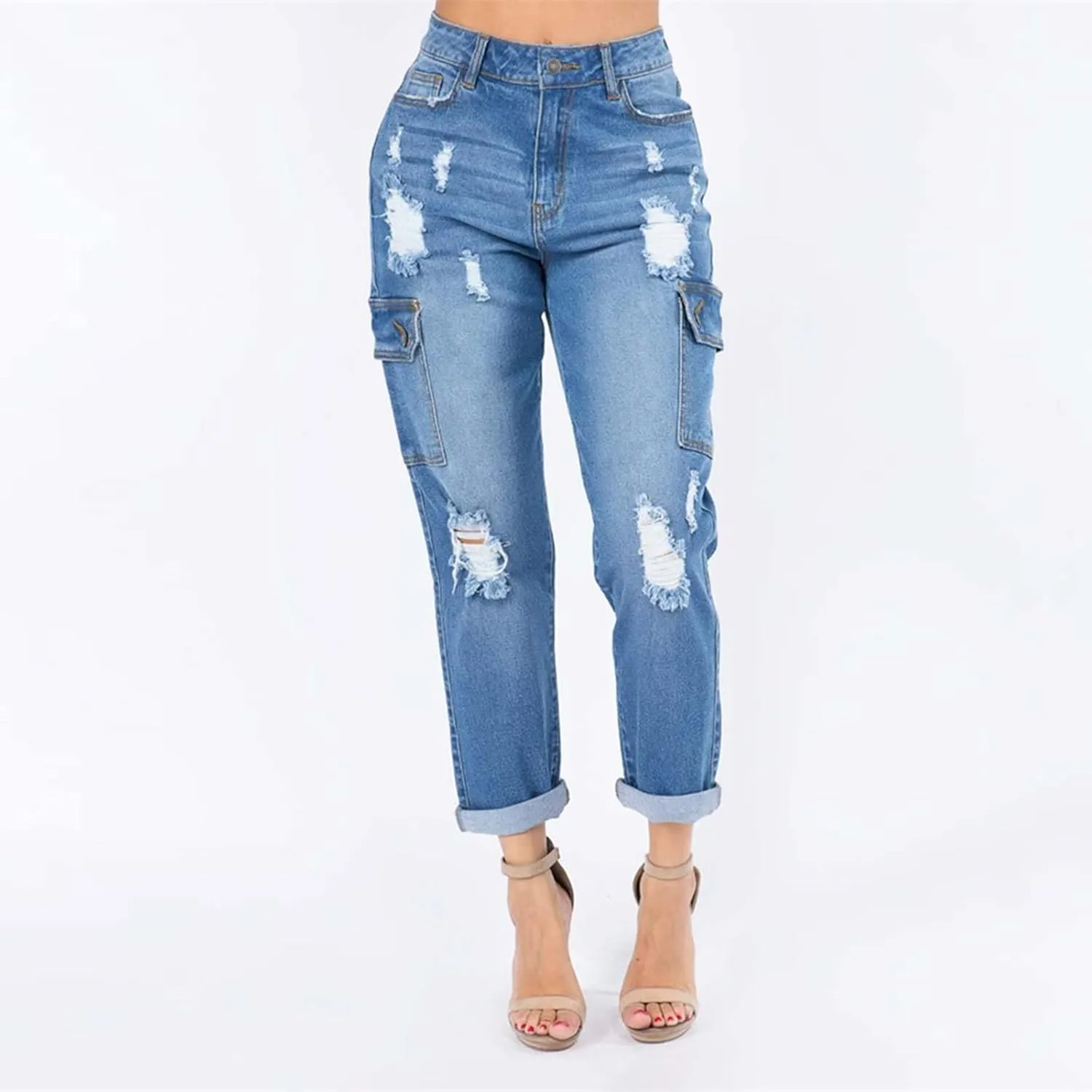 SMIDOW Womens Dressy Casual Bootcut Jeans Folded Hem Ripped Jeans with Multiple Pockets Distressed Jeans Y2K Denim Pants