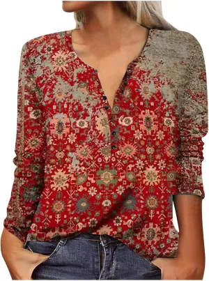 SMIDOW Womens Ethnic Style Long Sleeve Tops 2024 Trendy Spring Shirts v Neck Loose Comfy Pullover Tops Blouse Dressy Casual