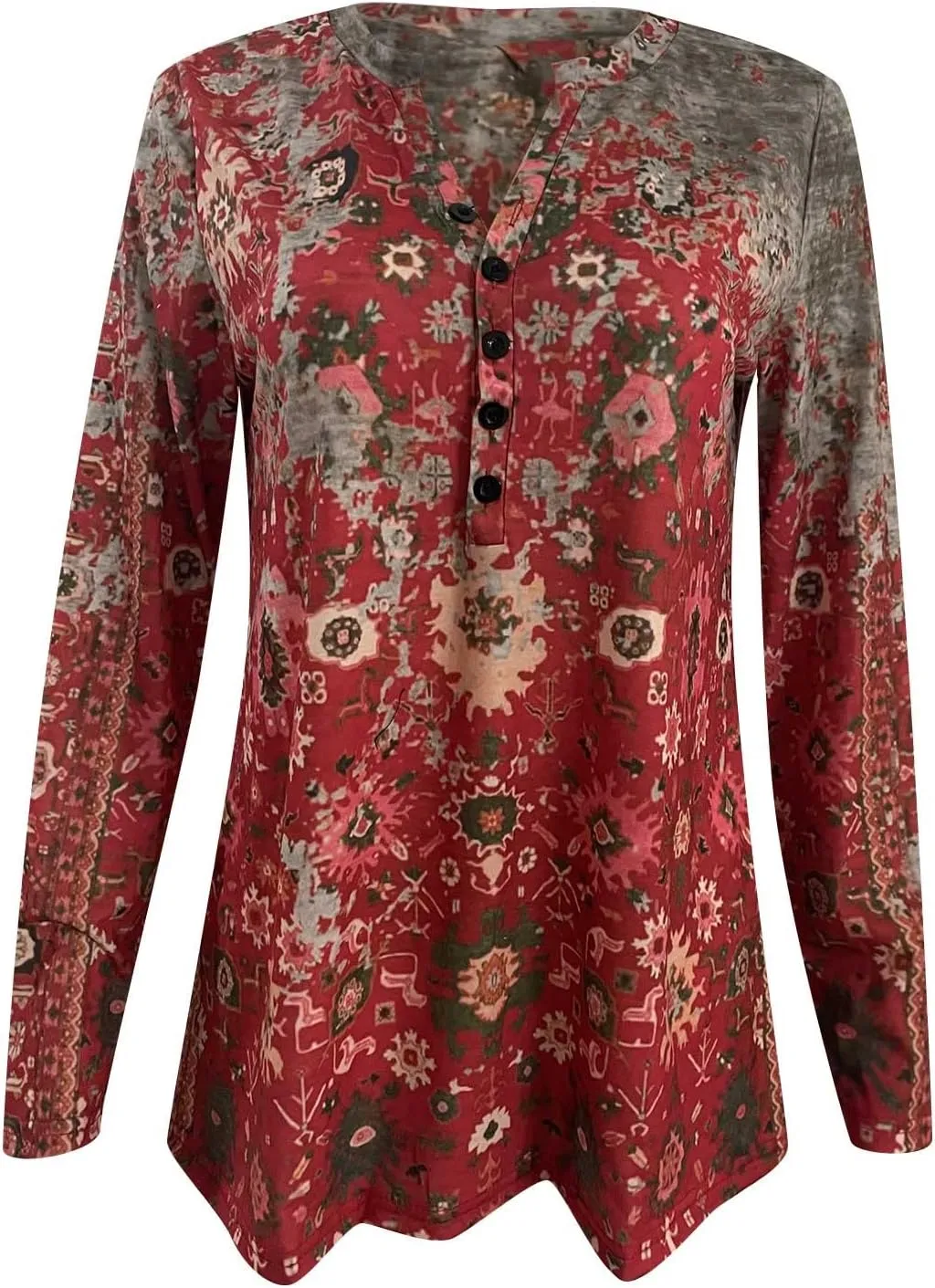 SMIDOW Womens Ethnic Style Long Sleeve Tops 2024 Trendy Spring Shirts v Neck Loose Comfy Pullover Tops Blouse Dressy Casual