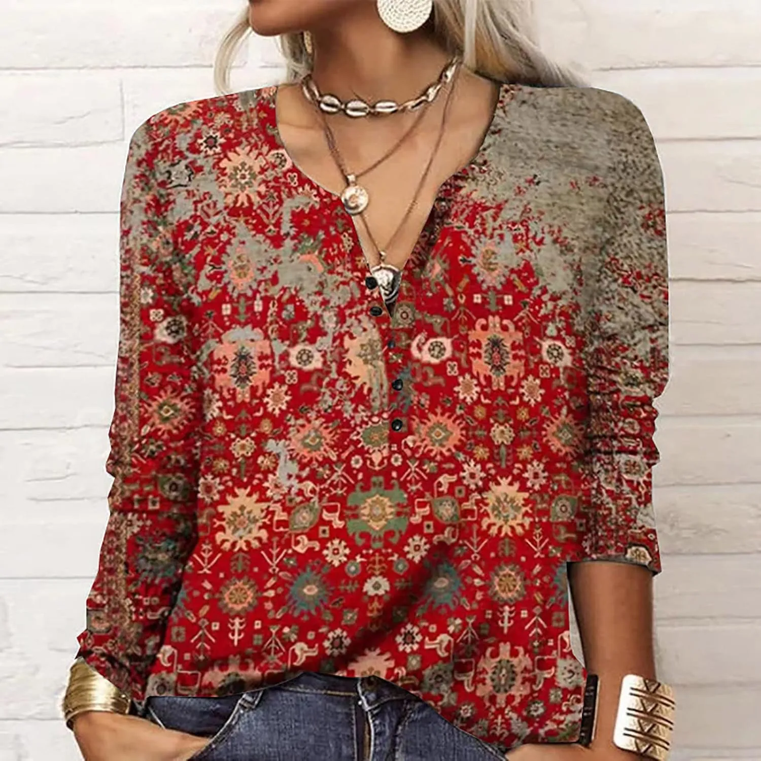 SMIDOW Womens Ethnic Style Long Sleeve Tops 2024 Trendy Spring Shirts v Neck Loose Comfy Pullover Tops Blouse Dressy Casual
