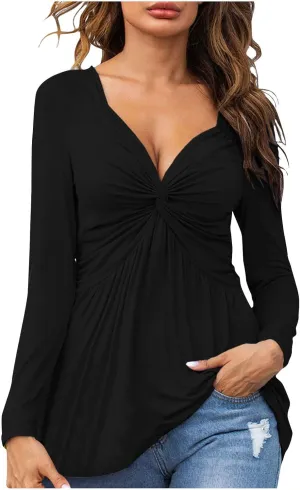SMIDOW Womens Sexy Twist Front v Neck Tops Trendy Spring Long Sleeve Shirts Solid Casual Loose Comfy Pleated Blouse