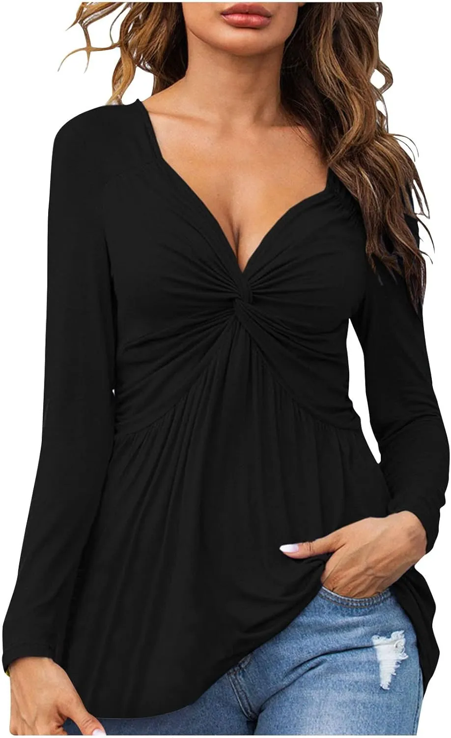 SMIDOW Womens Sexy Twist Front v Neck Tops Trendy Spring Long Sleeve Shirts Solid Casual Loose Comfy Pleated Blouse