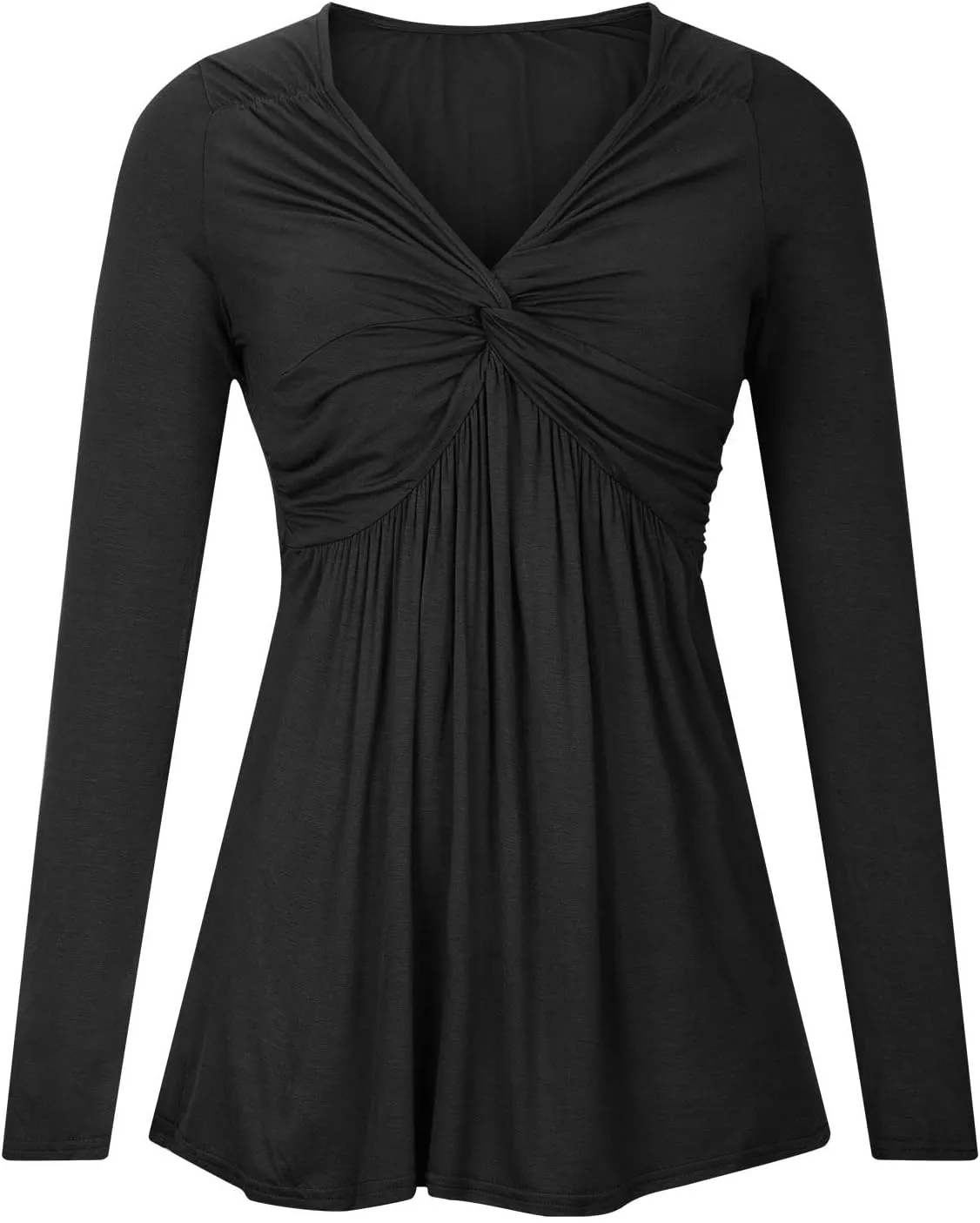 SMIDOW Womens Sexy Twist Front v Neck Tops Trendy Spring Long Sleeve Shirts Solid Casual Loose Comfy Pleated Blouse