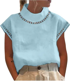 SMIDOW Womens Tops Dressy Casual Spring 2023 Fashion Casp Sleeve Linen Shirts High Neck Eyelet Summer t-Shirt Blouse