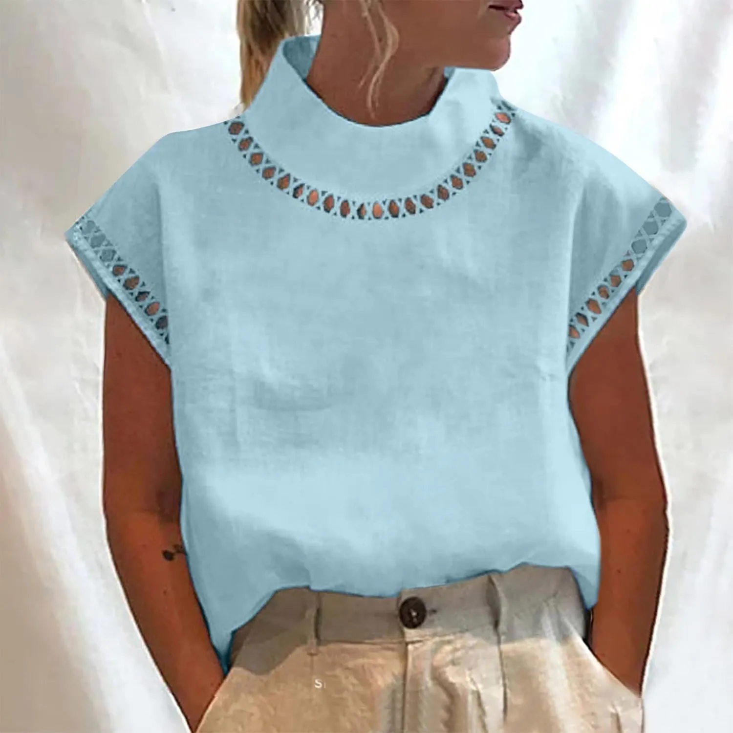 SMIDOW Womens Tops Dressy Casual Spring 2023 Fashion Casp Sleeve Linen Shirts High Neck Eyelet Summer t-Shirt Blouse