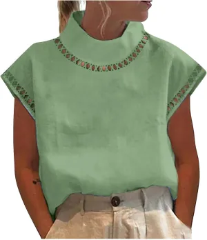 SMIDOW Womens Tops Dressy Casual Spring 2023 Fashion Casp Sleeve Linen Shirts High Neck Eyelet Summer t-Shirt Blouse