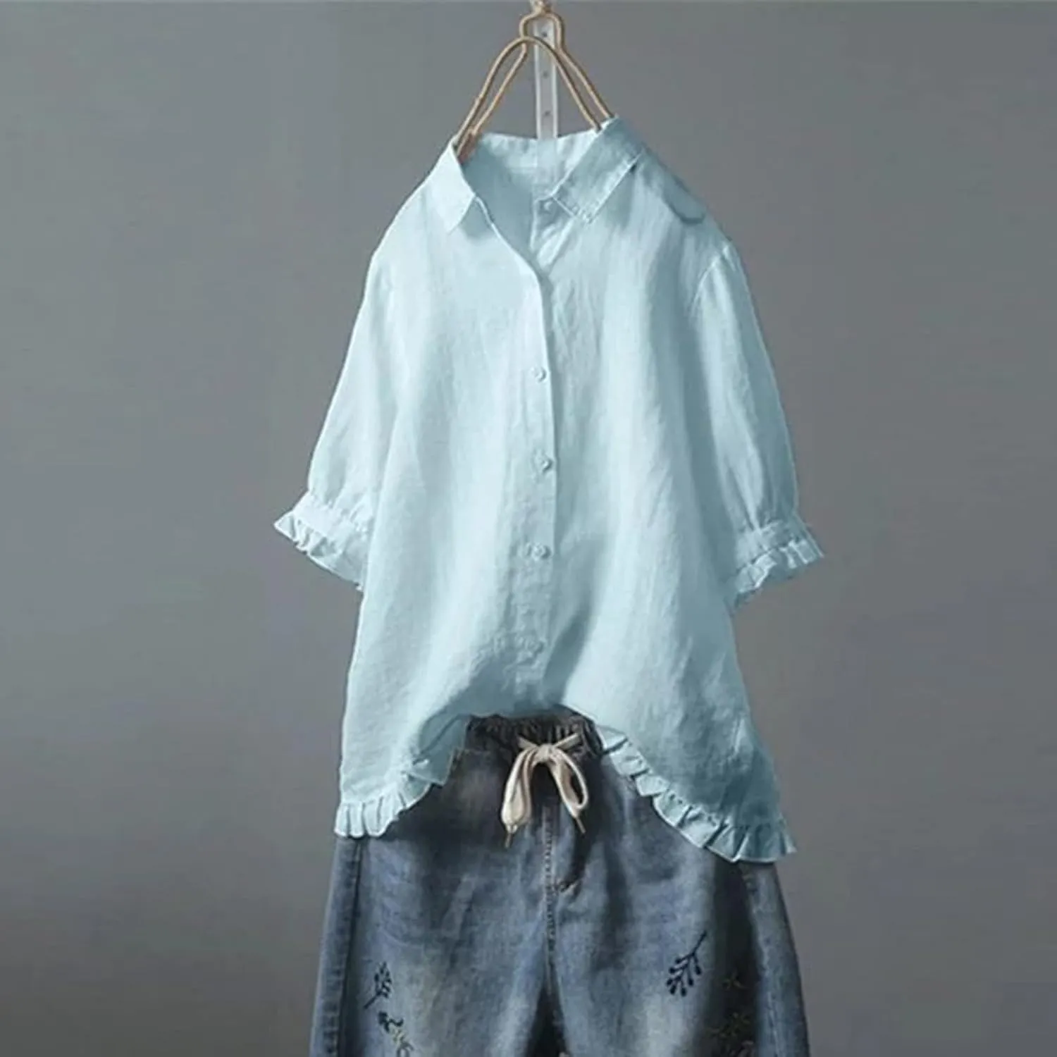 SMIDOW Womens Tops Dressy Casual Spring 2023 Half Sleeve Linen Button Down Shirt Solid Plus Size Collared Tshirt Blouse