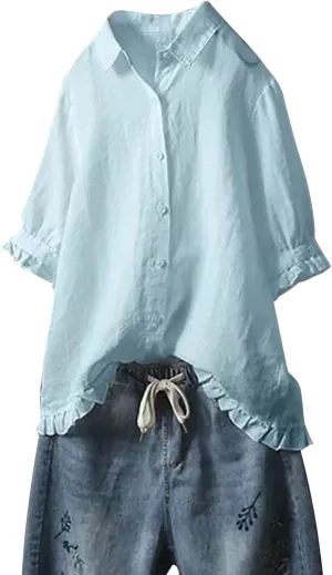 SMIDOW Womens Tops Dressy Casual Spring 2023 Half Sleeve Linen Button Down Shirt Solid Plus Size Collared Tshirt Blouse