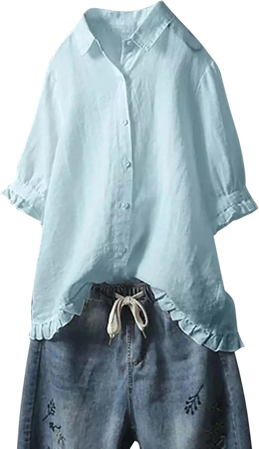 SMIDOW Womens Tops Dressy Casual Spring 2023 Half Sleeve Linen Button Down Shirt Solid Plus Size Collared Tshirt Blouse