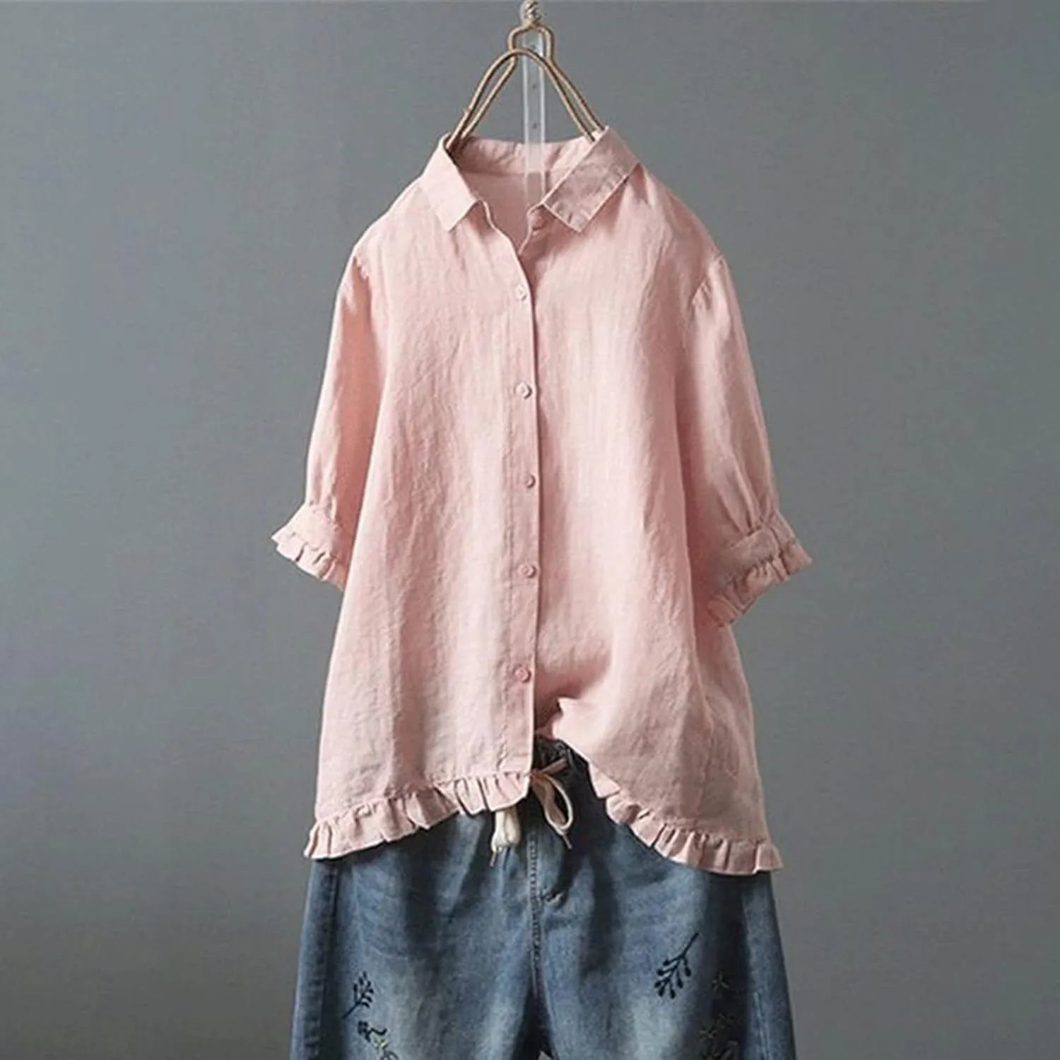 SMIDOW Womens Tops Dressy Casual Spring 2023 Half Sleeve Linen Button Down Shirt Solid Plus Size Collared Tshirt Blouse
