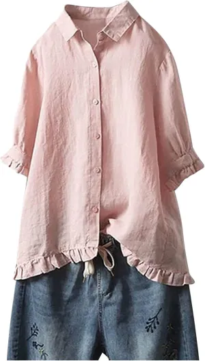 SMIDOW Womens Tops Dressy Casual Spring 2023 Half Sleeve Linen Button Down Shirt Solid Plus Size Collared Tshirt Blouse