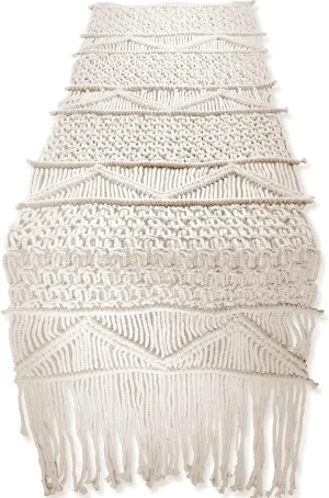 SnugLife Macrame Table Runner (86" X 13") Long | Boho Table Runner | Wedding Table Decor | Vintage Farmhouse and Bohemian Dining Room Style | Off-White