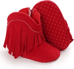 SOFMUO Baby Girls Cowboy Tassel Boots with Side Zipper Moccasins Non Slip Infant Booties Suede Toddler First Walker Shoes