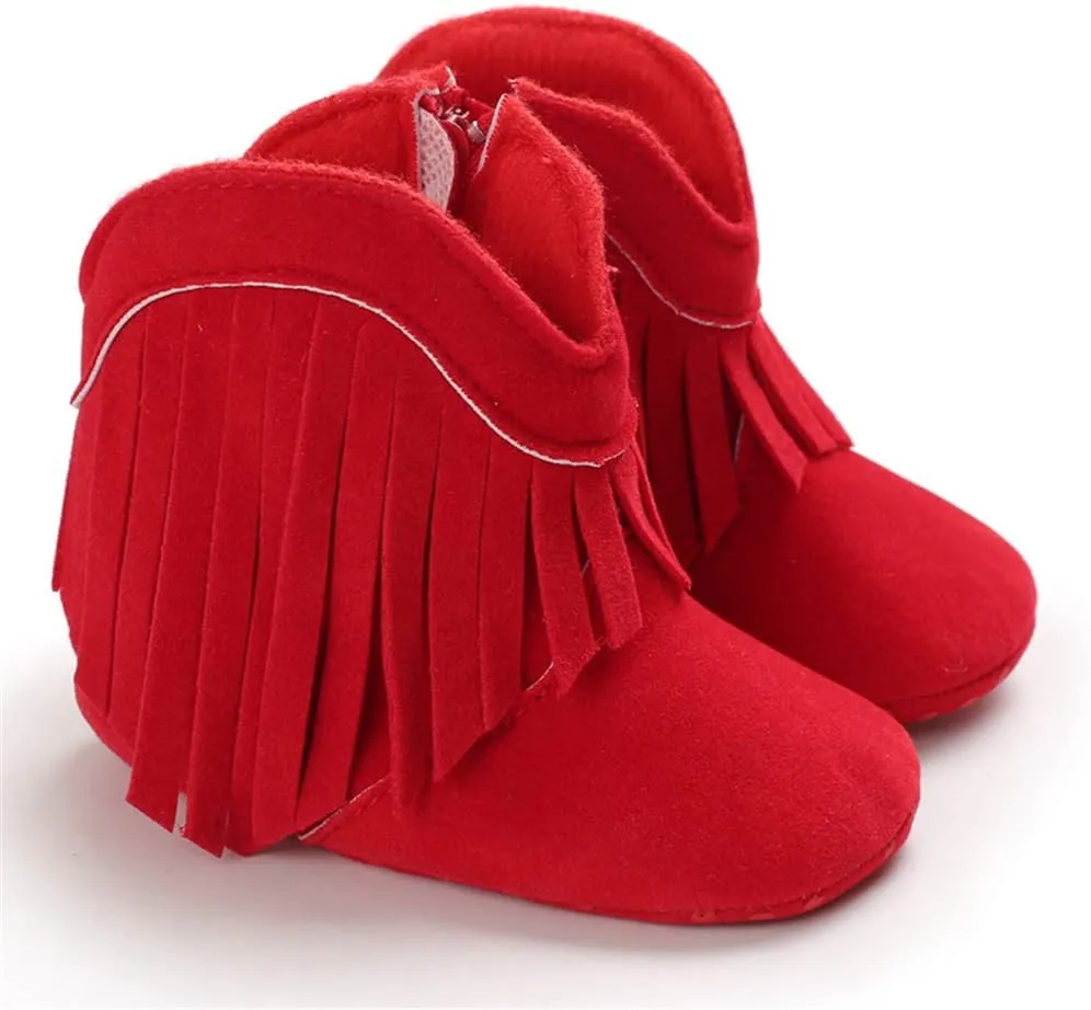SOFMUO Baby Girls Cowboy Tassel Boots with Side Zipper Moccasins Non Slip Infant Booties Suede Toddler First Walker Shoes
