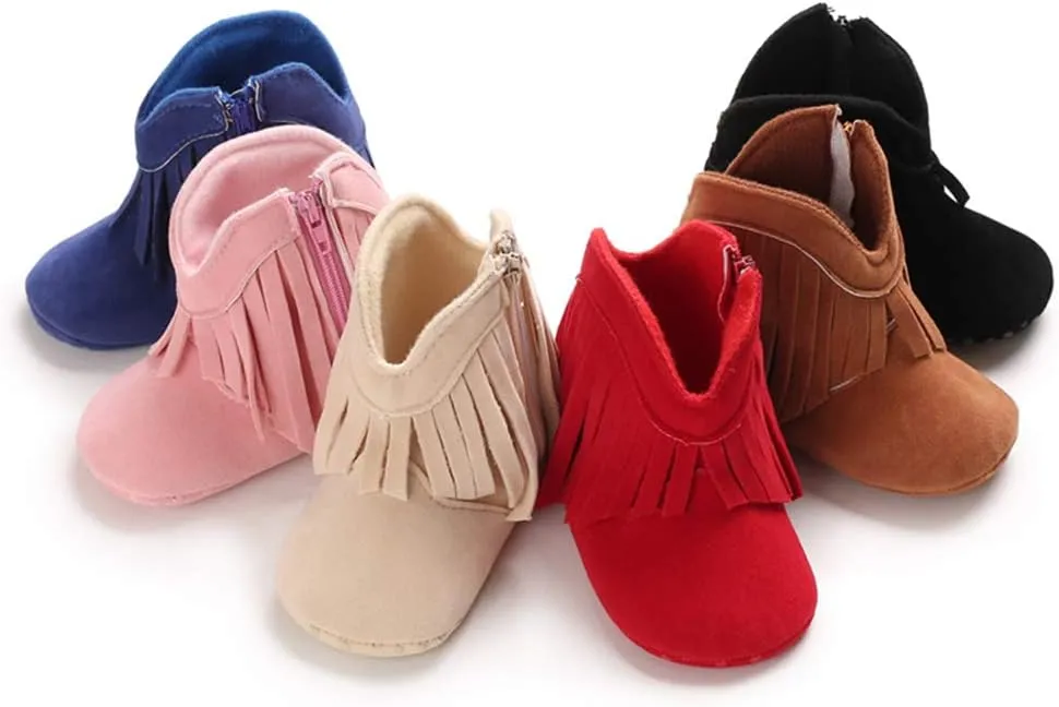 SOFMUO Baby Girls Cowboy Tassel Boots with Side Zipper Moccasins Non Slip Infant Booties Suede Toddler First Walker Shoes