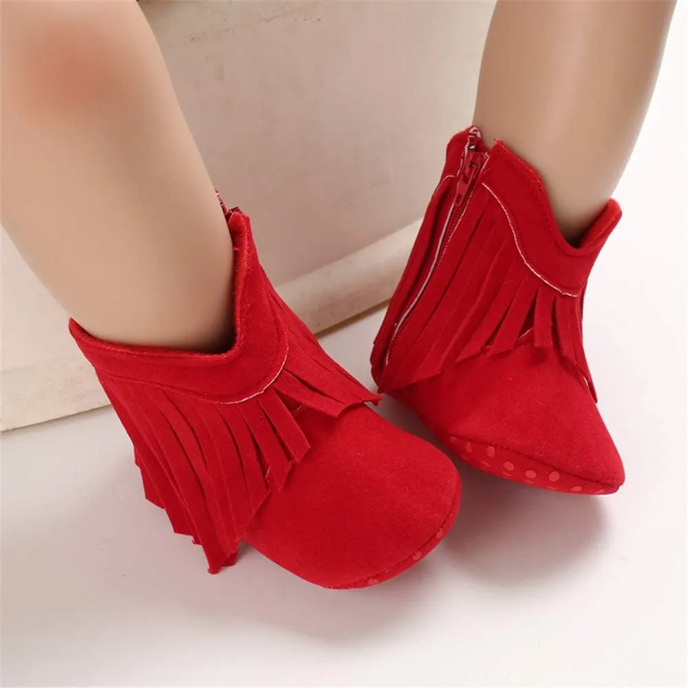 SOFMUO Baby Girls Cowboy Tassel Boots with Side Zipper Moccasins Non Slip Infant Booties Suede Toddler First Walker Shoes