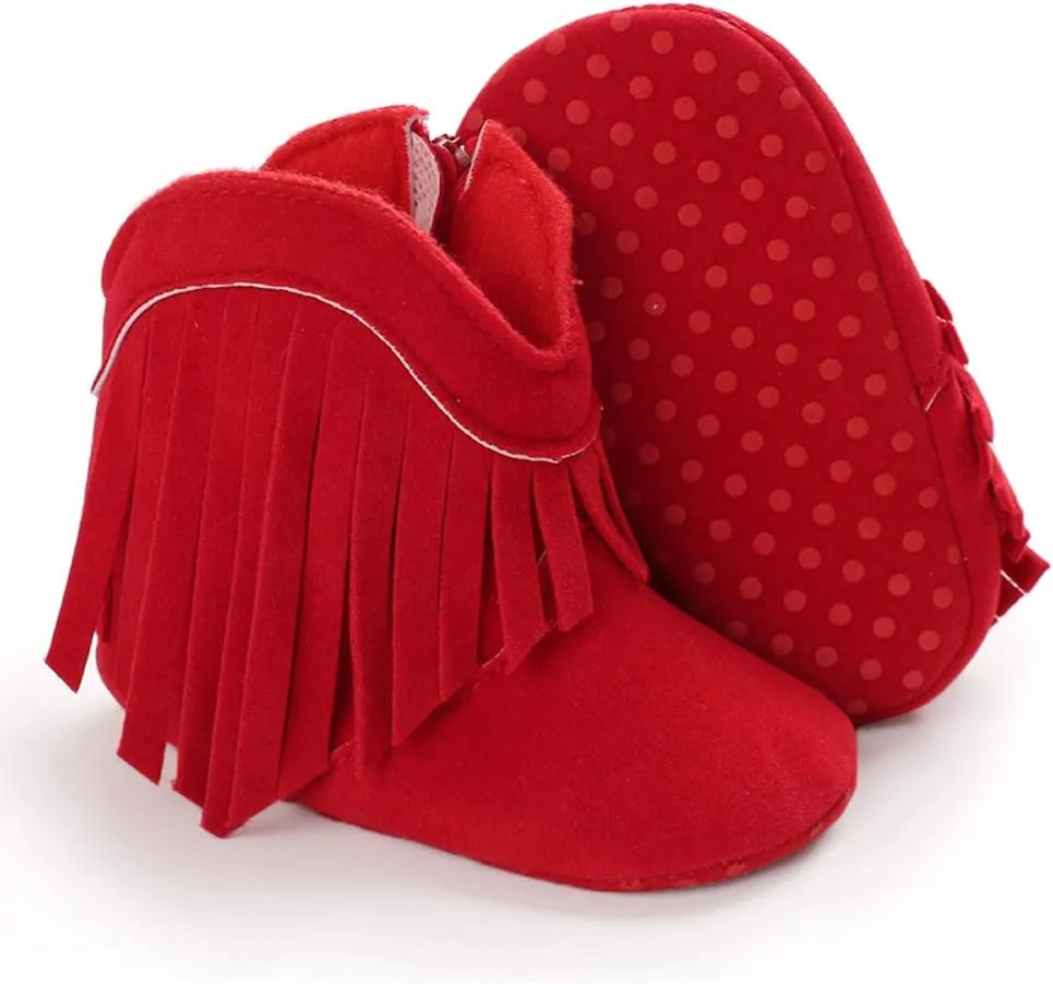 SOFMUO Baby Girls Cowboy Tassel Boots with Side Zipper Moccasins Non Slip Infant Booties Suede Toddler First Walker Shoes