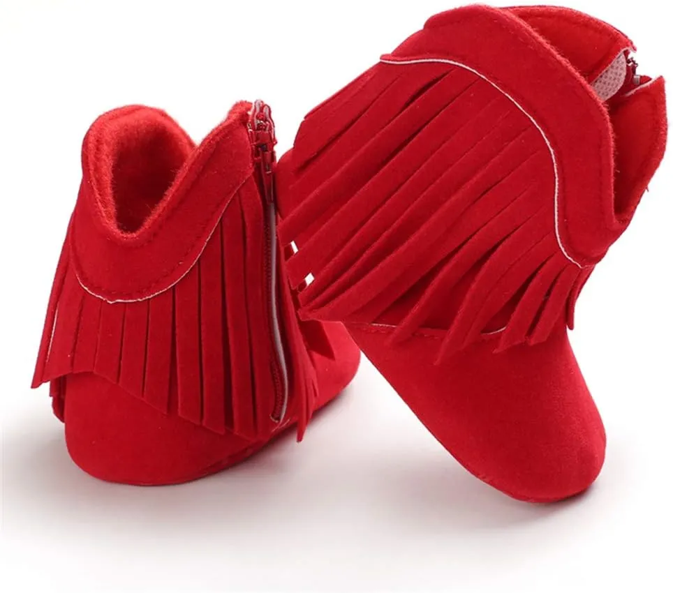 SOFMUO Baby Girls Cowboy Tassel Boots with Side Zipper Moccasins Non Slip Infant Booties Suede Toddler First Walker Shoes