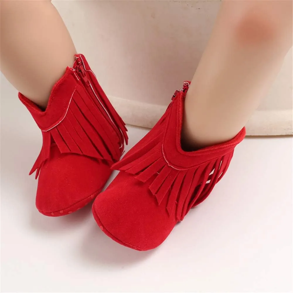 SOFMUO Baby Girls Cowboy Tassel Boots with Side Zipper Moccasins Non Slip Infant Booties Suede Toddler First Walker Shoes