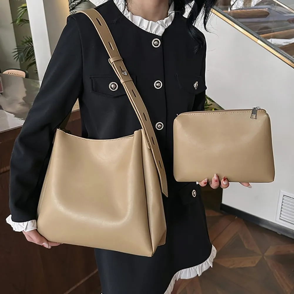 Soft Vegan Leather Bucket Tote Bag for Women Large Shoulder Crossbody Purse Casual Working Handbag Satchel 2pcs