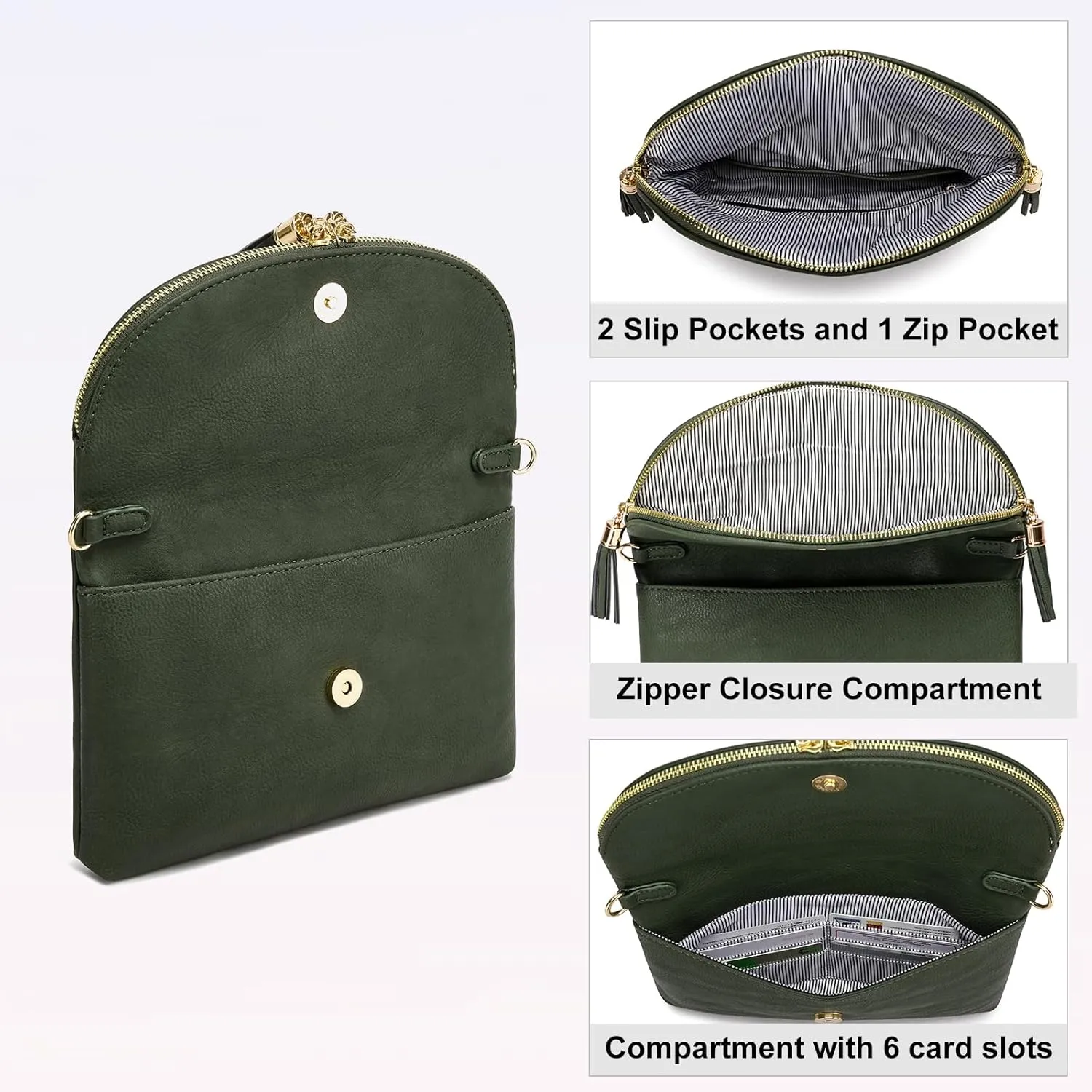 Solene Womens Envelop Clutch Purse Multi Compartments, 6 Card Slot Inside, Crossbody Bag With Tassels
