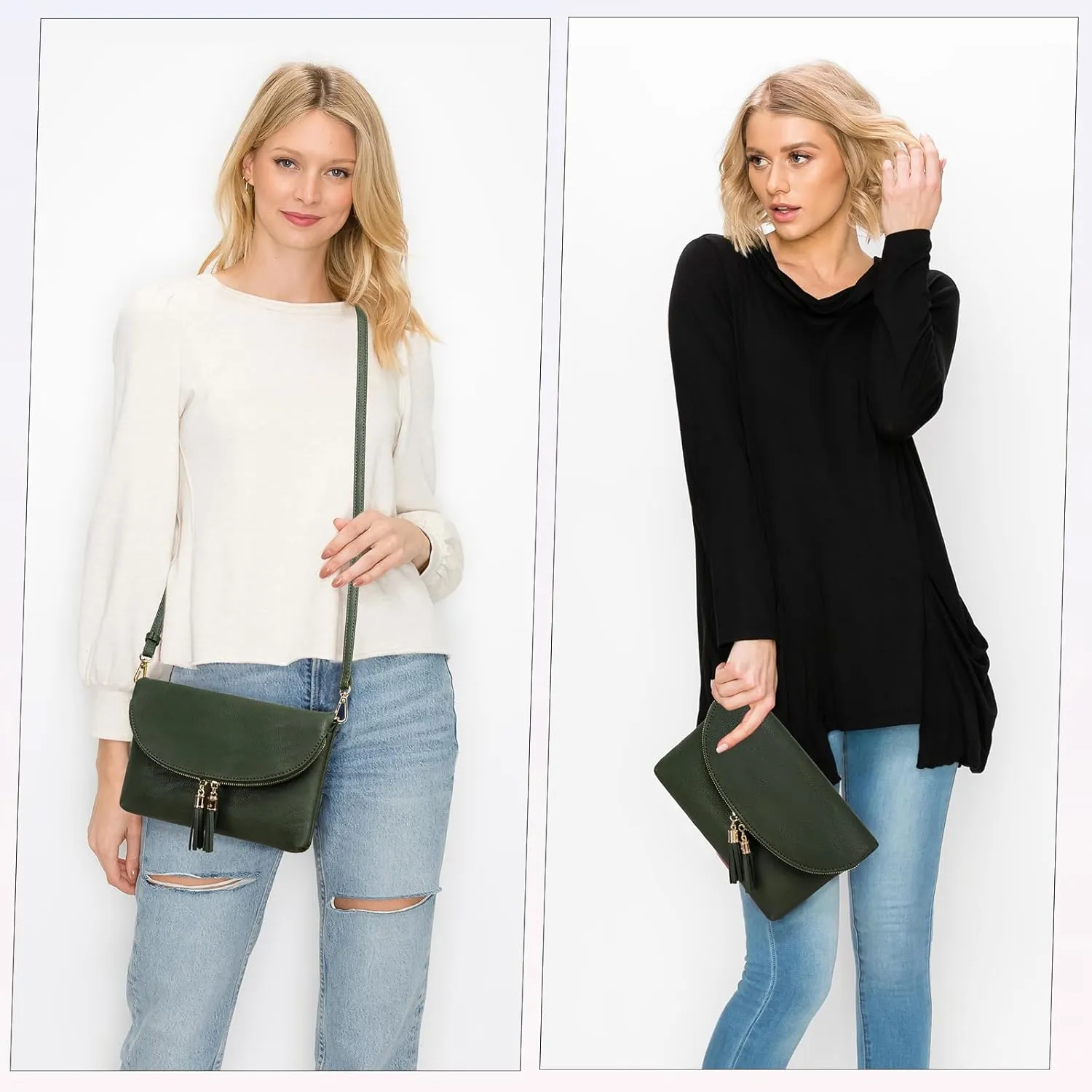 Solene Womens Envelop Clutch Purse Multi Compartments, 6 Card Slot Inside, Crossbody Bag With Tassels
