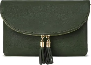 Solene Womens Envelop Clutch Purse Multi Compartments, 6 Card Slot Inside, Crossbody Bag With Tassels