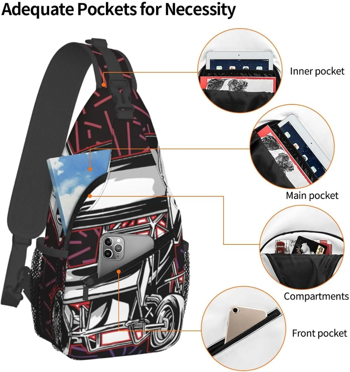 Sprint Car Racing Dirt Crossbody Backpack Chest Shoulder Bag Lightweight One Strap Travel Hiking Daypack