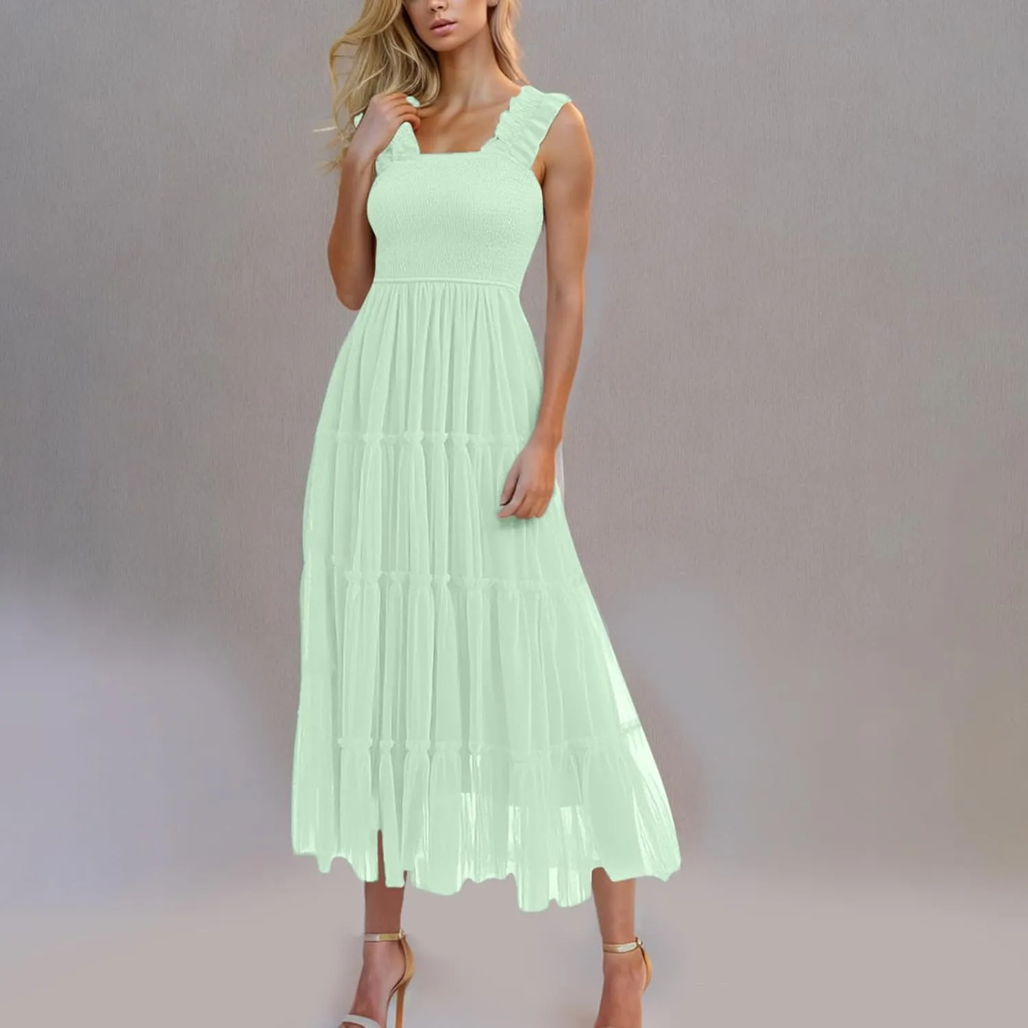Square Neck Smocked Maxi Dress for Women with Ruffled Straps TieBoho Beach Dress