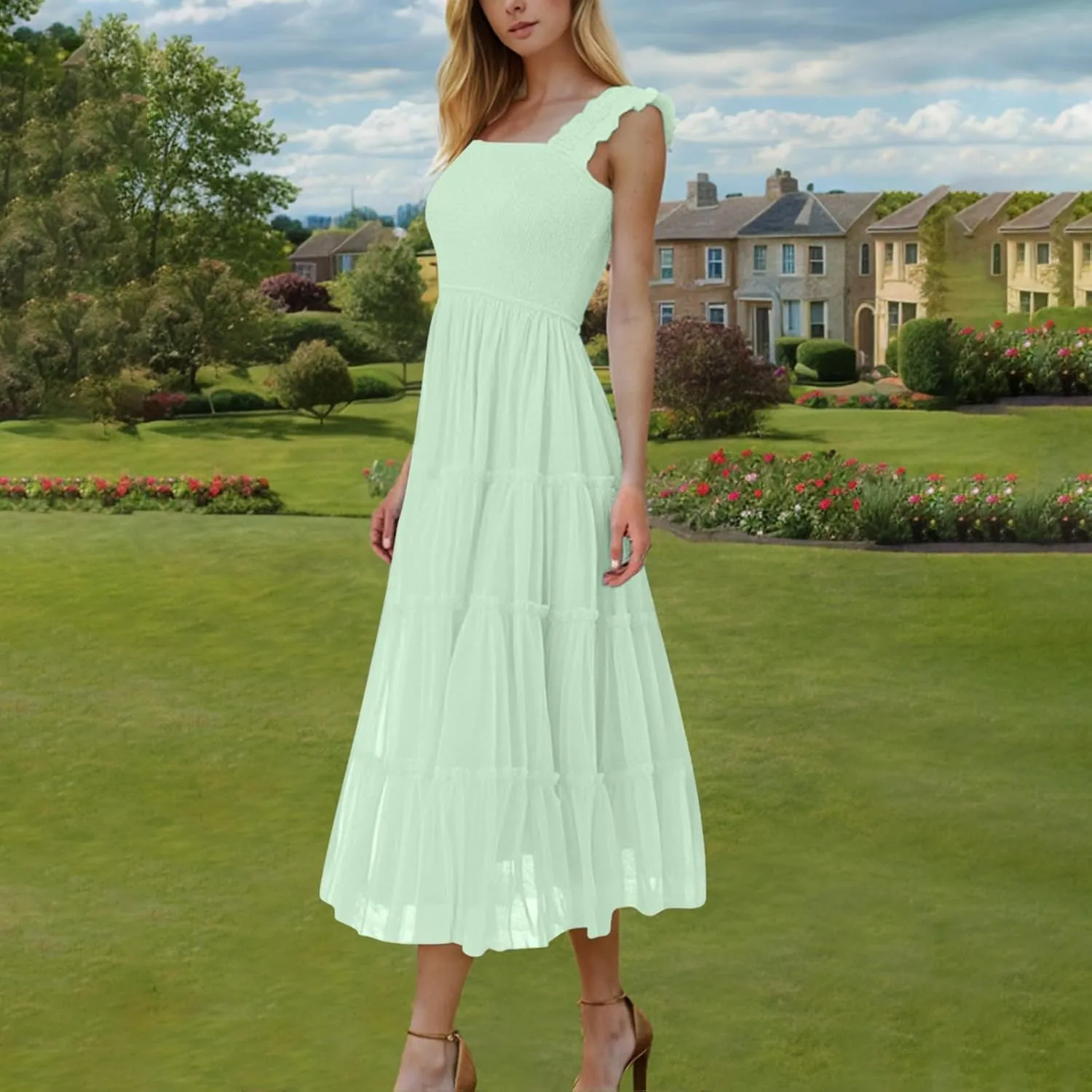 Square Neck Smocked Maxi Dress for Women with Ruffled Straps TieBoho Beach Dress