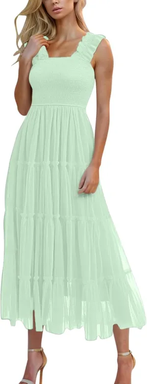 Square Neck Smocked Maxi Dress for Women with Ruffled Straps TieBoho Beach Dress