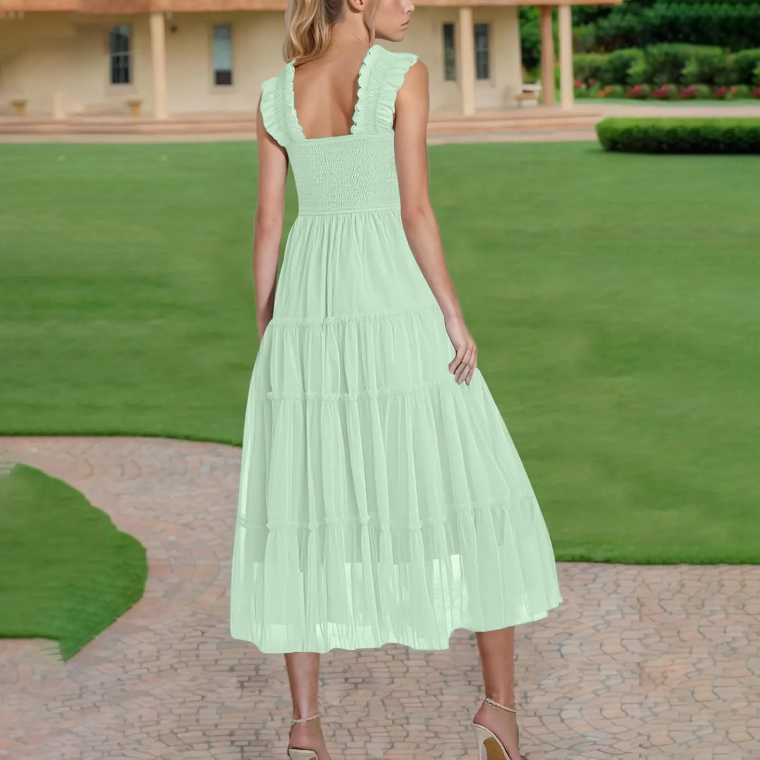 Square Neck Smocked Maxi Dress for Women with Ruffled Straps TieBoho Beach Dress