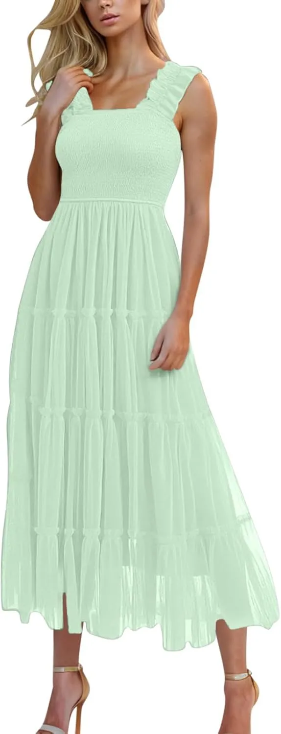 Square Neck Smocked Maxi Dress for Women with Ruffled Straps TieBoho Beach Dress