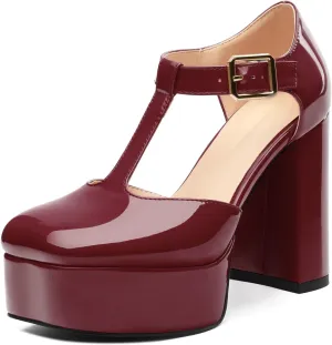 Square Toe High Heels Women's Shoes Pumps Patent Leather Thick Sole Thick Heel Hook-and-Loop Straps Height 10 Cm