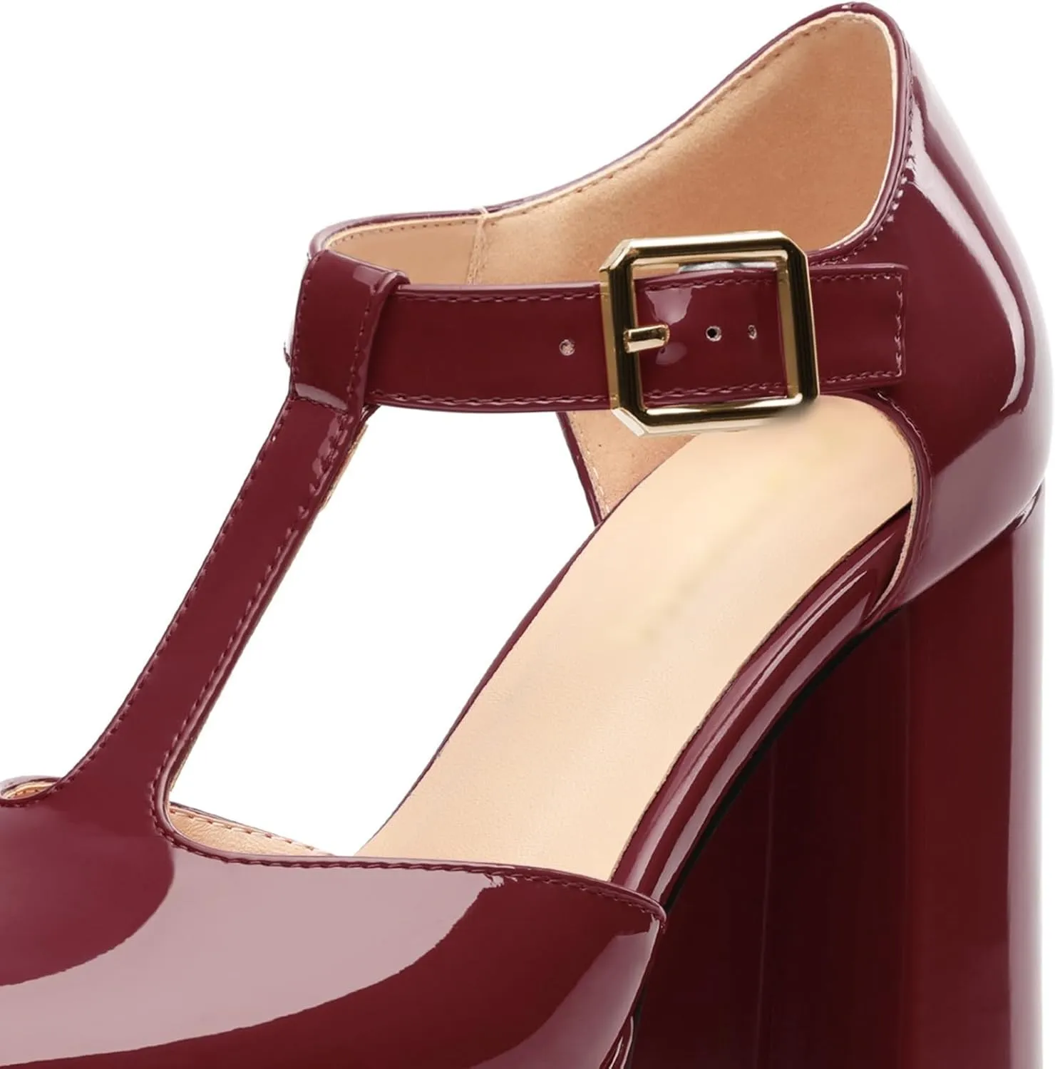 Square Toe High Heels Women's Shoes Pumps Patent Leather Thick Sole Thick Heel Hook-and-Loop Straps Height 10 Cm