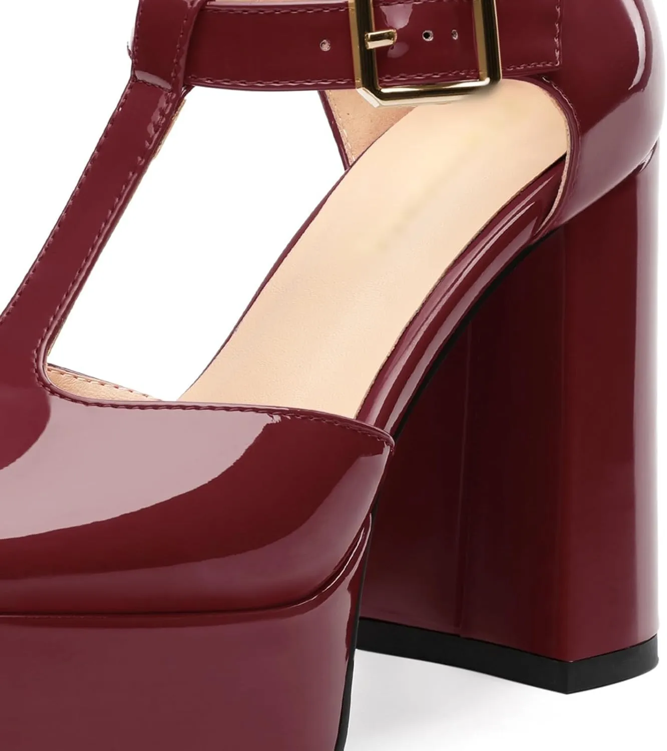 Square Toe High Heels Women's Shoes Pumps Patent Leather Thick Sole Thick Heel Hook-and-Loop Straps Height 10 Cm