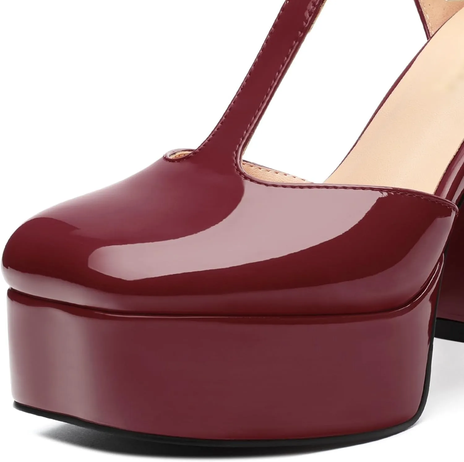 Square Toe High Heels Women's Shoes Pumps Patent Leather Thick Sole Thick Heel Hook-and-Loop Straps Height 10 Cm