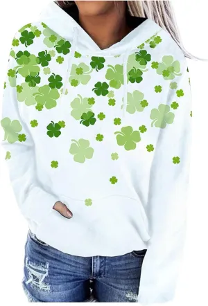 St. Patrick's Day Hoodies for Women Long Sleeve Casual Loose Pullover Tops Four Leaves Clover Shamrock 3D Printed Sweatshirts