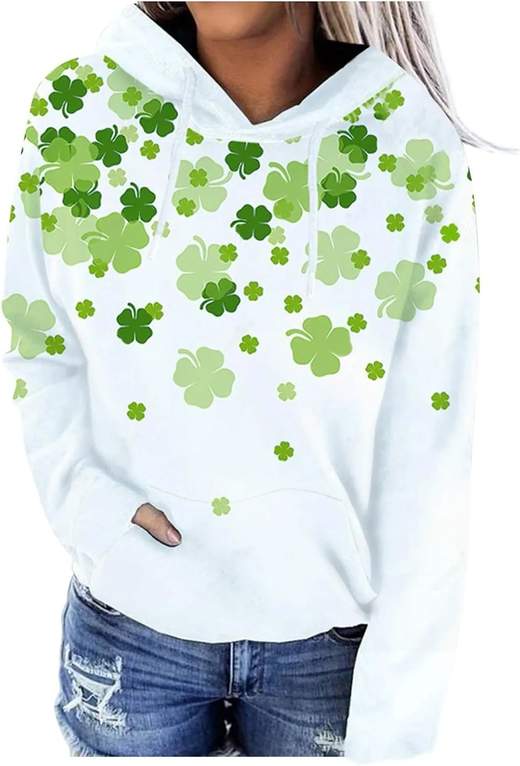 St. Patrick's Day Hoodies for Women Long Sleeve Casual Loose Pullover Tops Four Leaves Clover Shamrock 3D Printed Sweatshirts