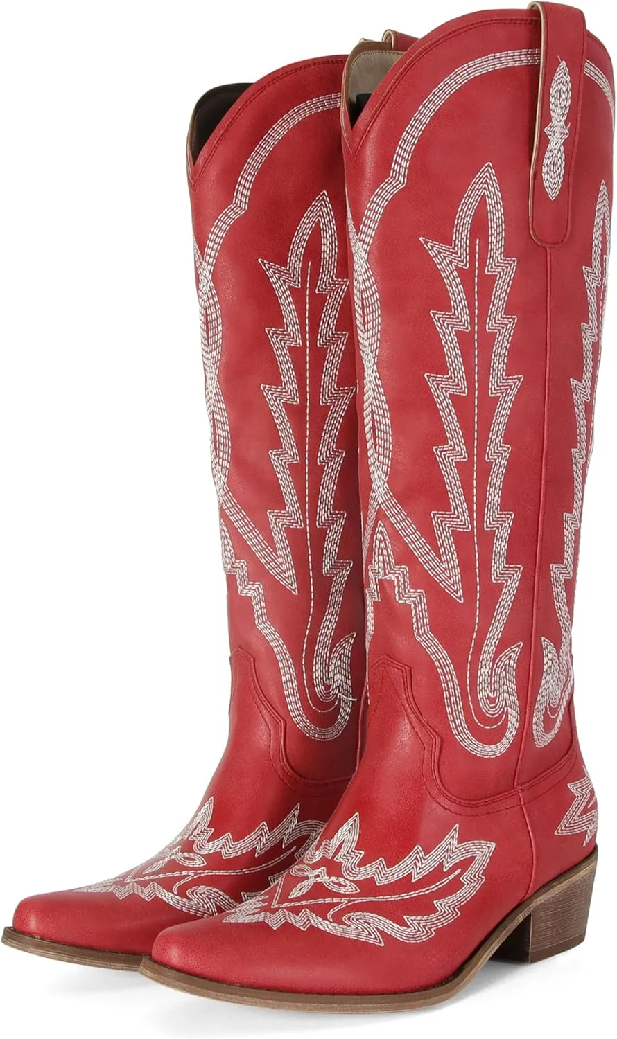 STALOV Cowboy Boots for Women,Western Pointed Toe Chunky Heel Pull-On Knee High Cowgirl Boots Fashion Embroidered Tall