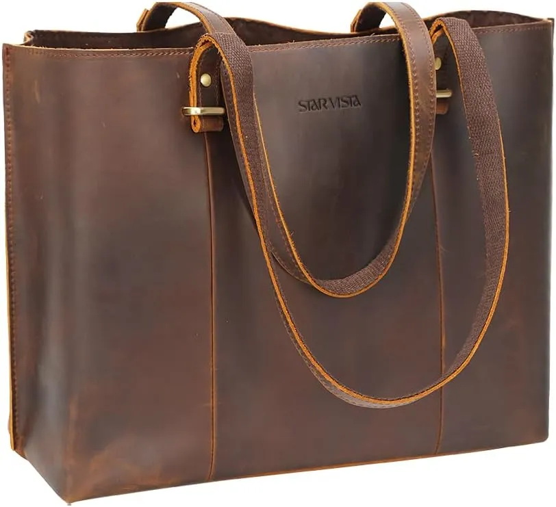 STAR VISTA Bella Vintage Full Grain Leather Tote, Satchel Handbag, Dark Brown, Women's Shoulder Bag, YKK Zippers, Top Handles