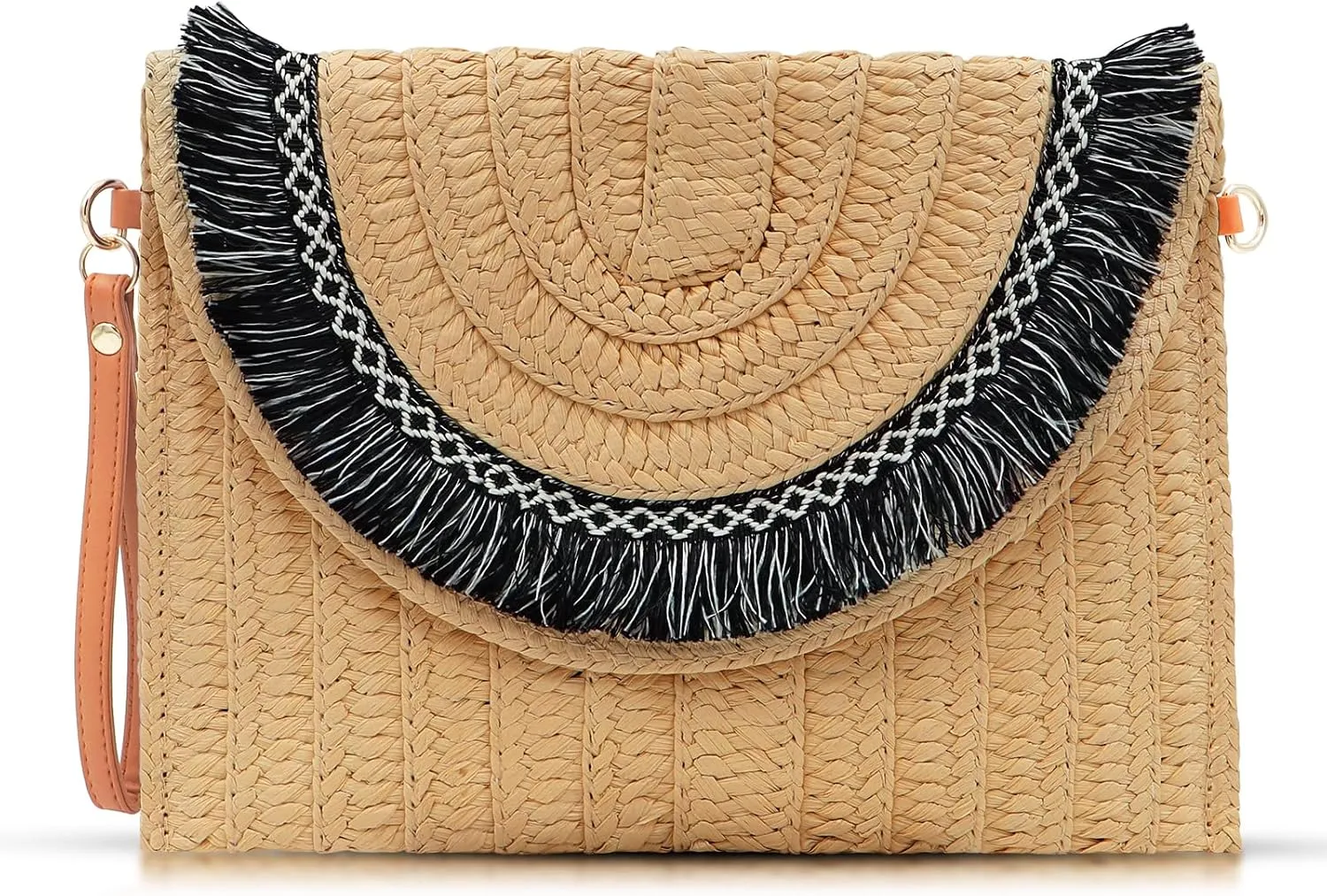 Straw Clutch Purses, Crossbody Bags for Women, Black Tassel Edge Clutch Bags, Bohemian Envelope Package Handbags Suitable for Beach, Travel, Daily Matching (Khaki)