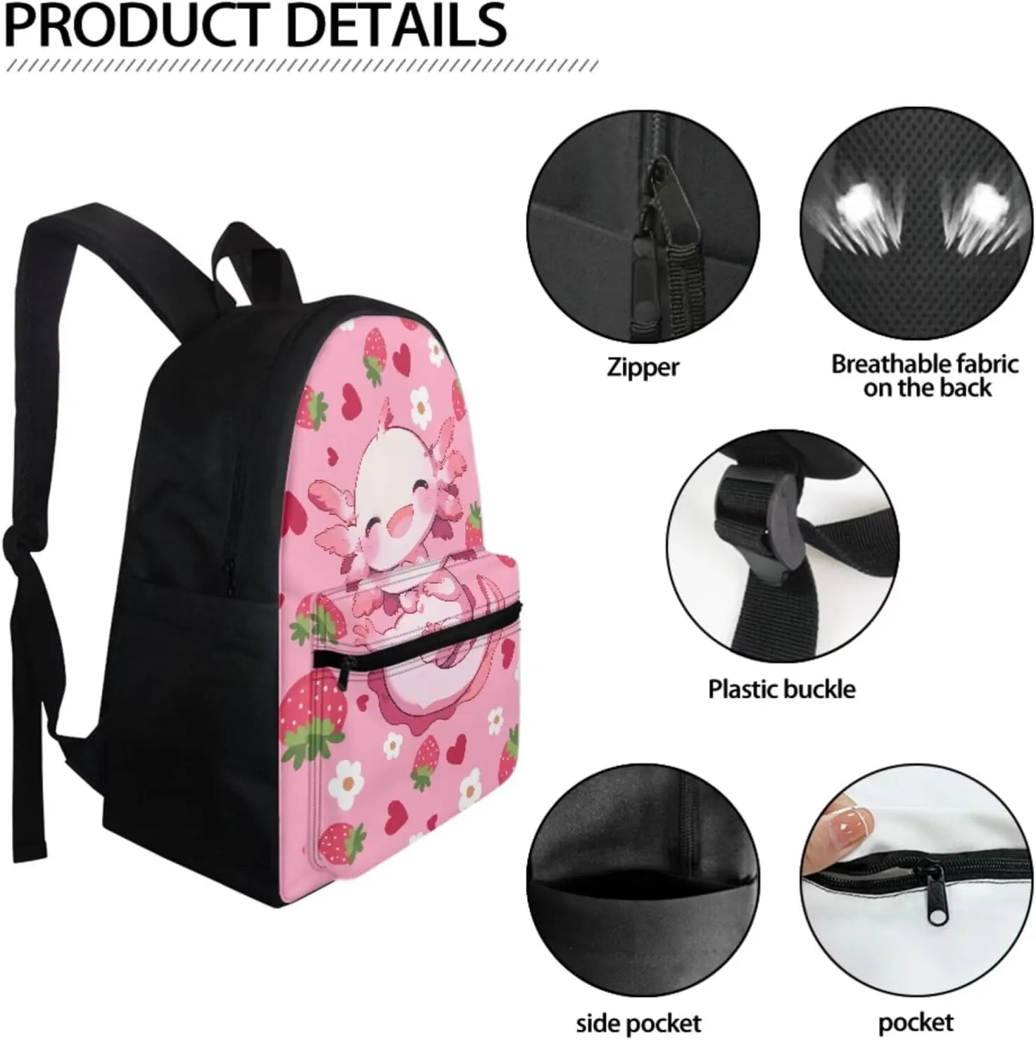Strawberry Axolotl Backpack for Girls 6-8 8-10 Kids School Bags Set with Lunch Box Pencil Case Elementary Bookbag Satchel Pink Kindergarten Schoolbag 17inch Travel Backpacks Satchel