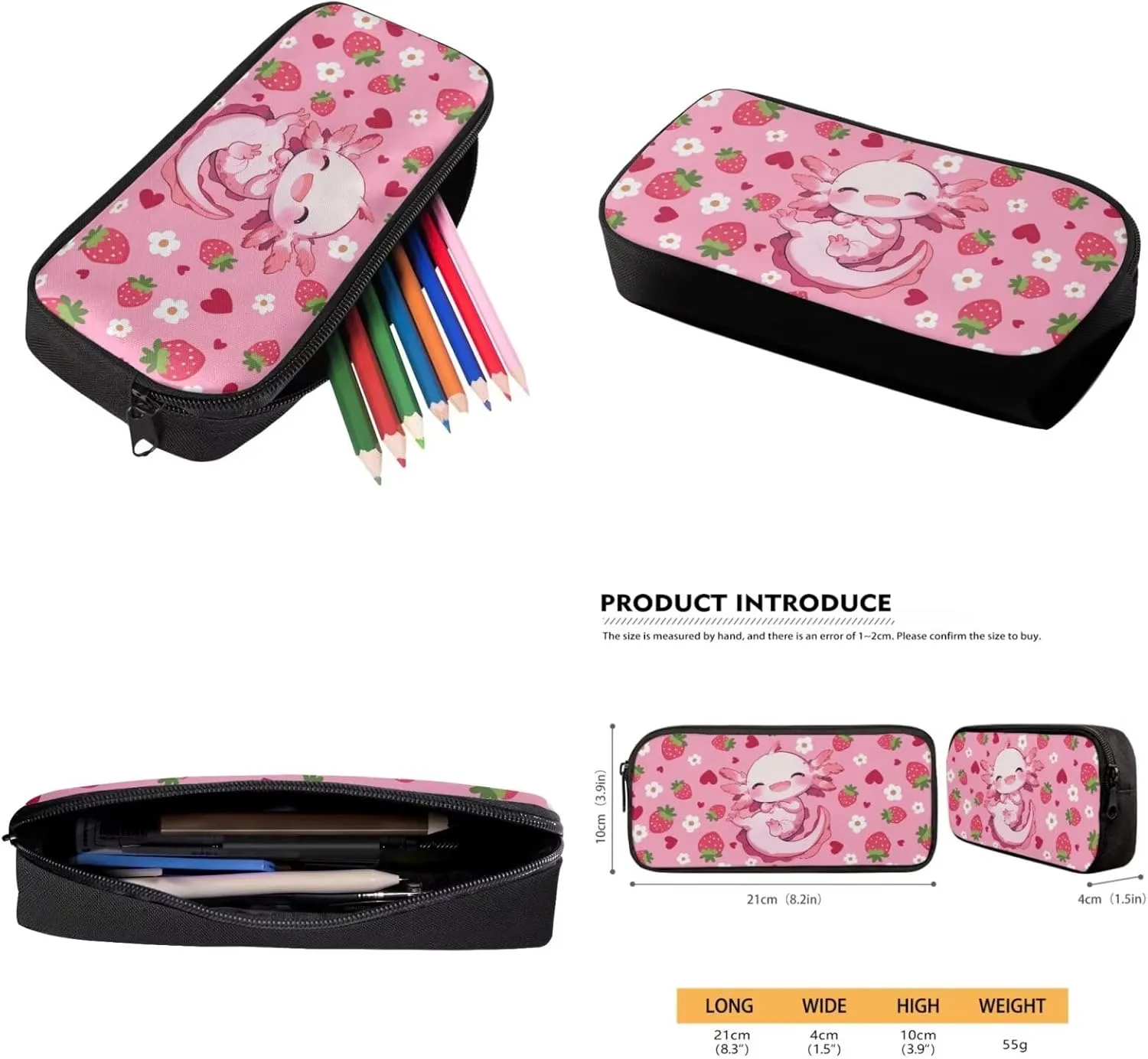 Strawberry Axolotl Backpack for Girls 6-8 8-10 Kids School Bags Set with Lunch Box Pencil Case Elementary Bookbag Satchel Pink Kindergarten Schoolbag 17inch Travel Backpacks Satchel