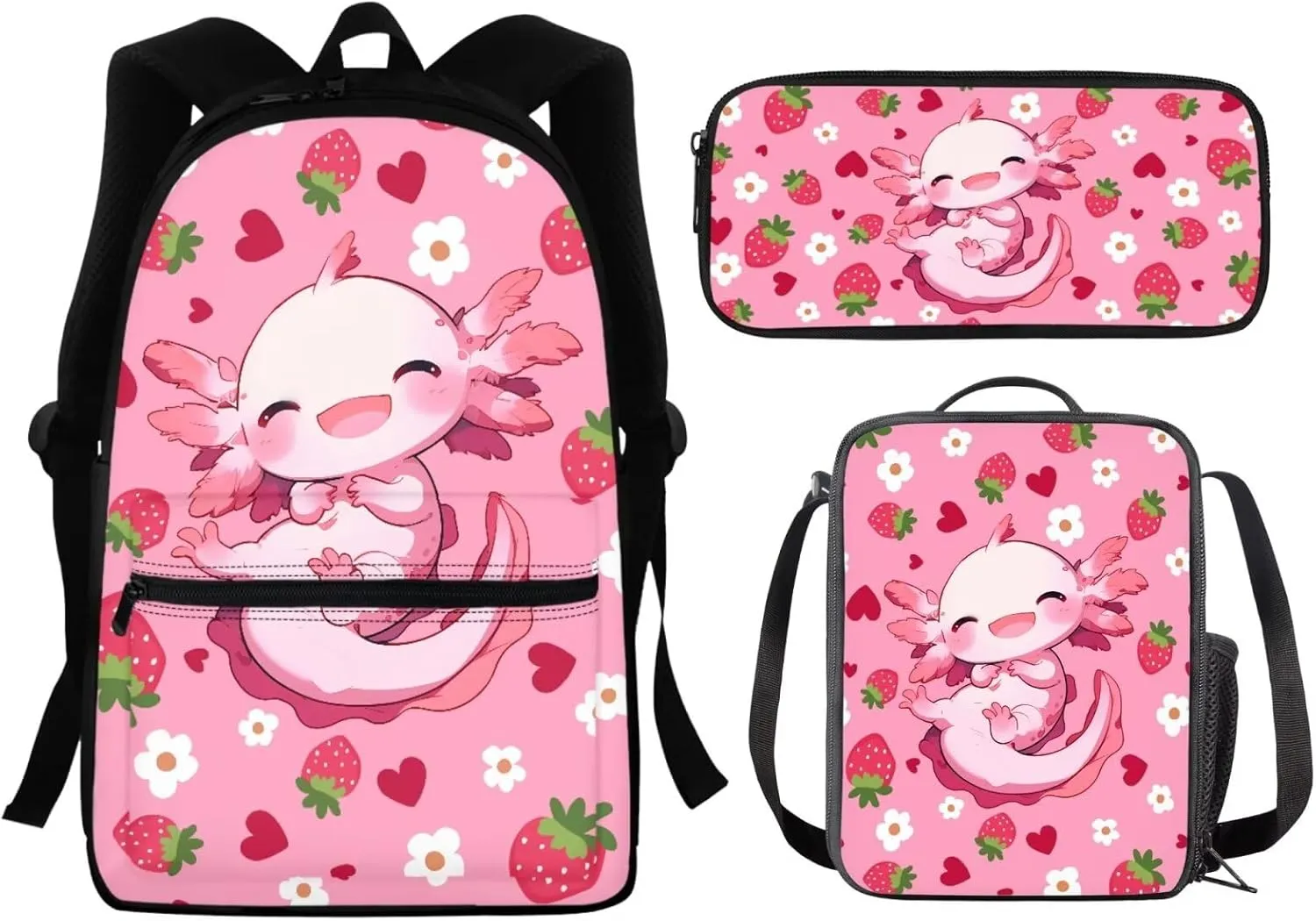 Strawberry Axolotl Backpack for Girls 6-8 8-10 Kids School Bags Set with Lunch Box Pencil Case Elementary Bookbag Satchel Pink Kindergarten Schoolbag 17inch Travel Backpacks Satchel