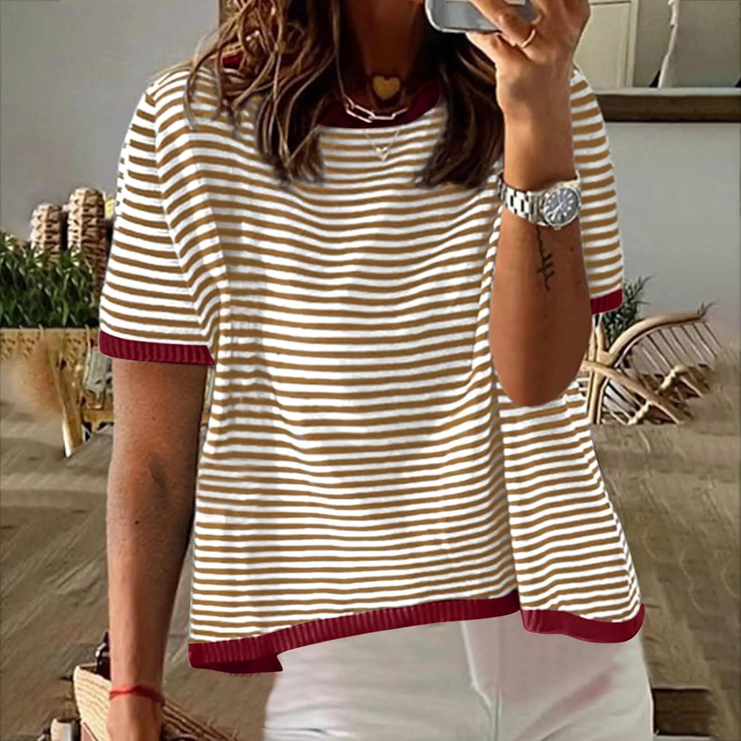 Striped Tshirt Women Crew Neck Print Short Sleeve Womens Summer Tops Color Block Knitted Trendy Pullover Blouses