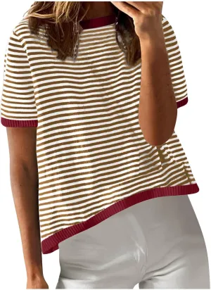 Striped Tshirt Women Crew Neck Print Short Sleeve Womens Summer Tops Color Block Knitted Trendy Pullover Blouses